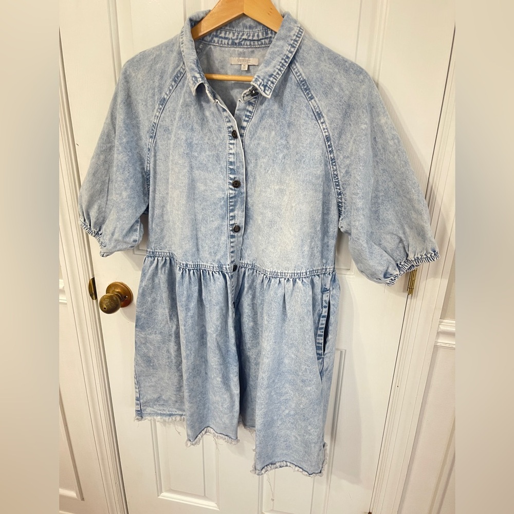 Light Wash Denim Shirt Dress with Puff Sleeves
